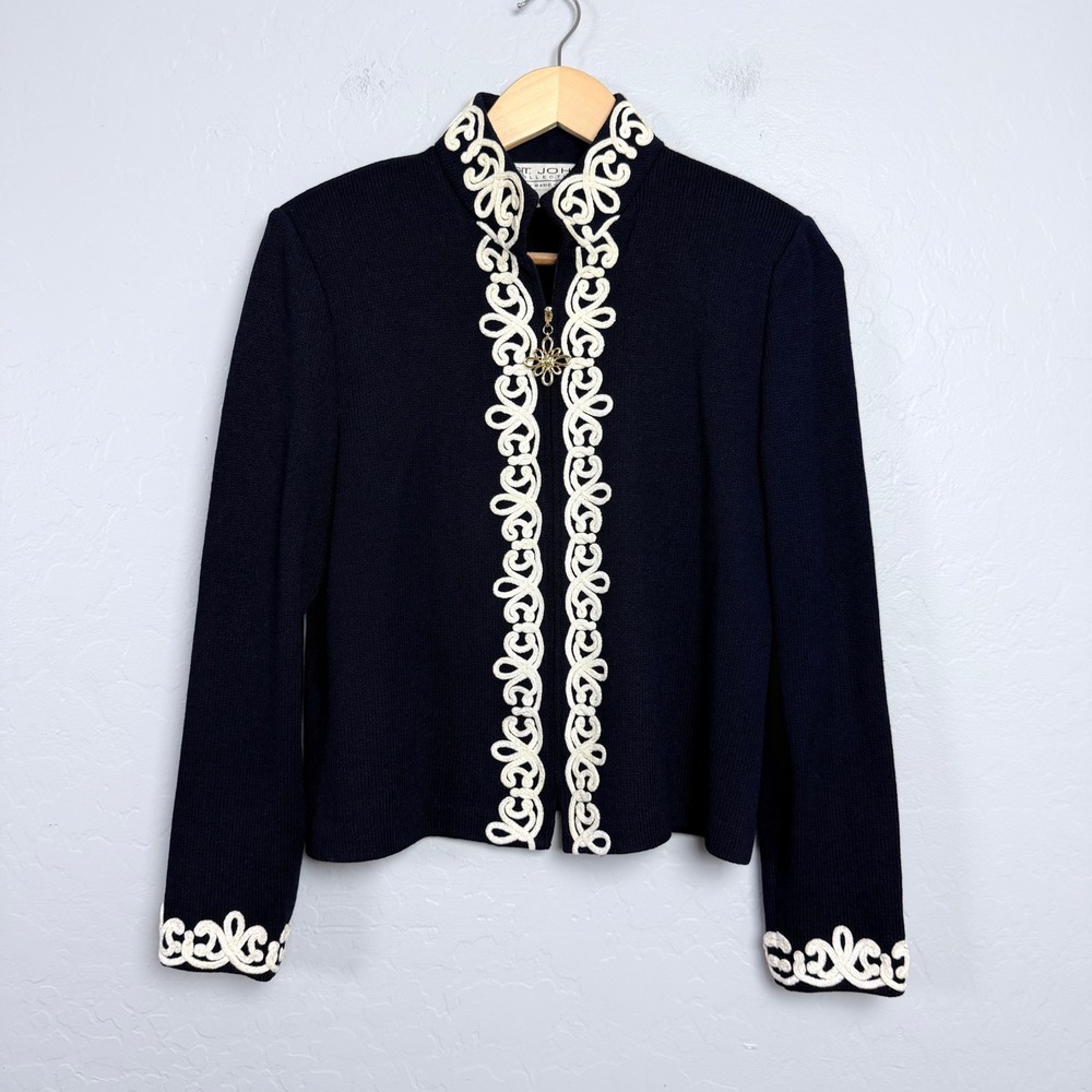 St John Collection Navy Blue Santana Knit Soutache Trim Zip Jacket Size 6 FLAW